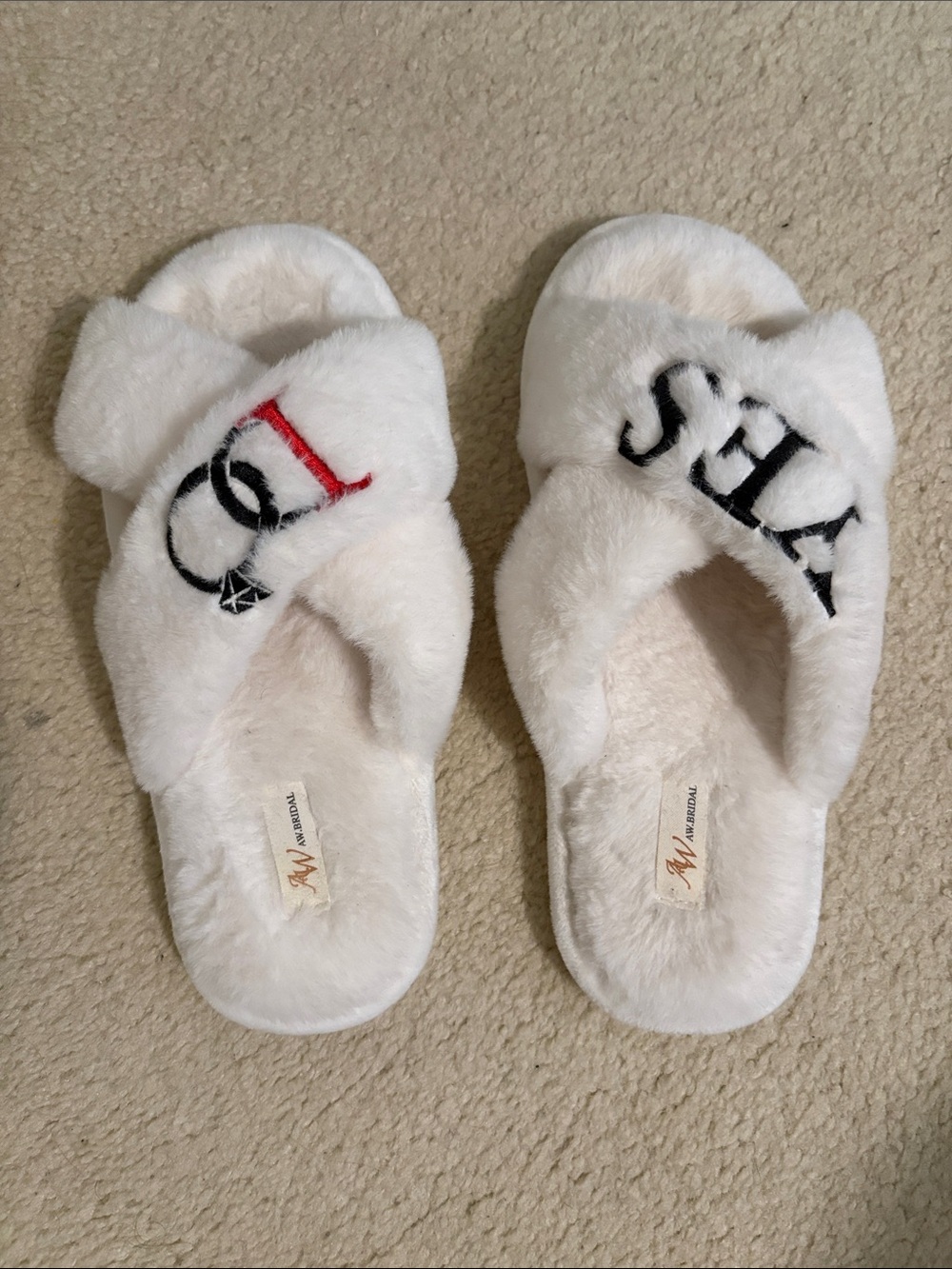 White Plush Crisscross Slippers with Embroidered Lettering